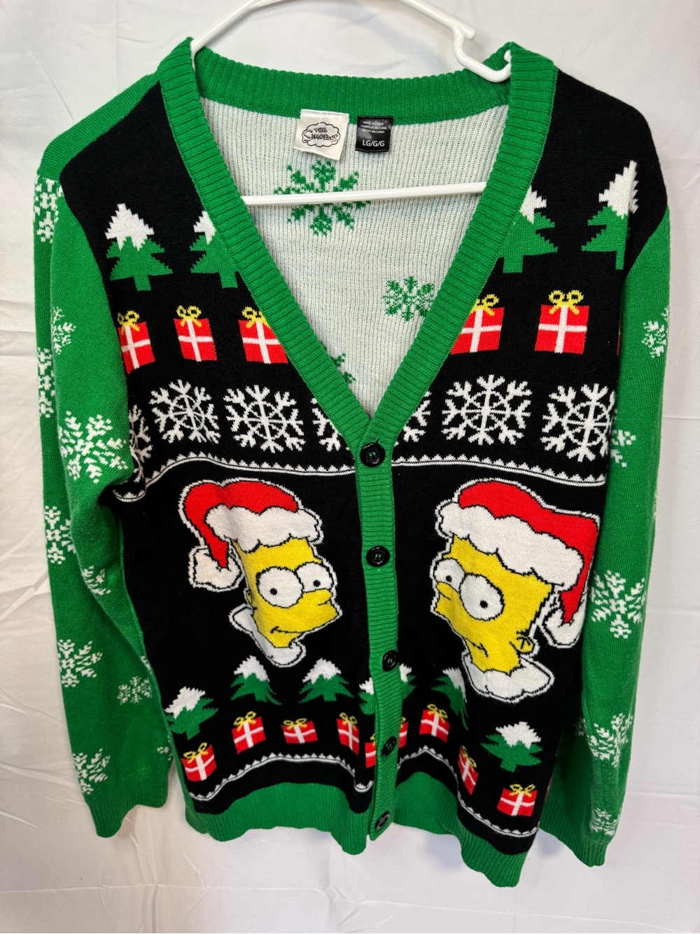Novelty Holiday Bart Simpson V-Neck Cardigan Sweater - Green & Black